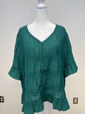 me by Jennie Garth Green Pleated Green Button Down V Neck Ruffled Blouse Size 3X